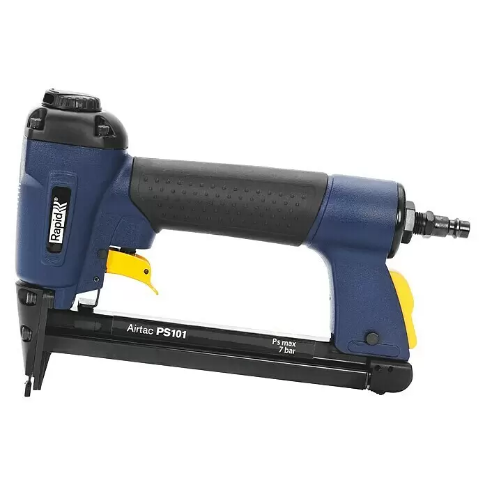 Rapid Grapadora neumática AirTac PS101 - Profundidad de grapado: 6 mm - 16 mm, Apto para: Grapa de alambre fino tipo 53, Neumático - Una grapadora neumática azul y negra con gatillo amarillo y empuñadura negra, con la marca 'Rapid'.