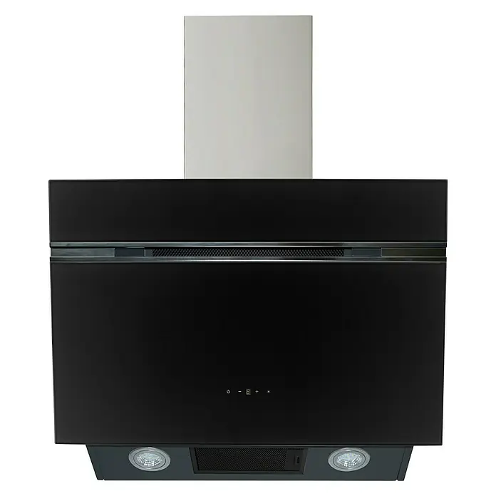 Wolkenstein Schräghaube W S5-60 ABTZ - Breite: 60 cm, Max. Gebläseleistung Abluftbetrieb: 623 m³/h, Schwarz - Elegante schwarze Dunstabzugshaube mit Edelstahlakzenten und integrierter Beleuchtung für eine moderne Küche.