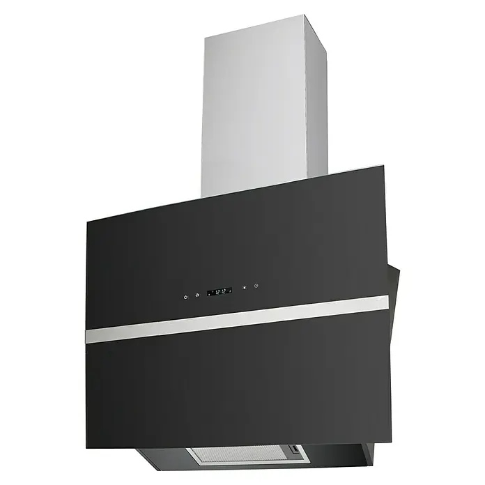 Schräghaube - Breite: 60 cm, Max. Gebläseleistung Abluftbetrieb: 597 m³/h, Schwarz - Diese Aufnahme zeigt eine Dunstabzugshaube in modernem Design, mit einem schlanken schwarzen Paneel und einem silbernen Schornstein.