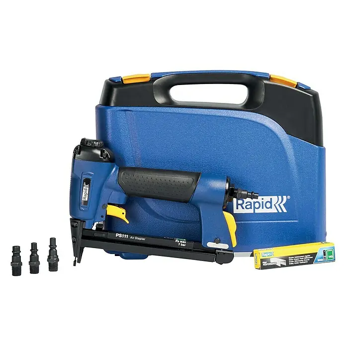 Rapid Drucklufttacker AirTac PS 111 - Klammertiefe: 6 mm - 16 mm, Geeignet für: Flachdrahtklammern Nr. 140, Pneumatisch - Rapid PS111 Luftnagler-Set mit Transportkoffer und Zubehör für professionelle Anwendungen in Werkstatt und Montage.