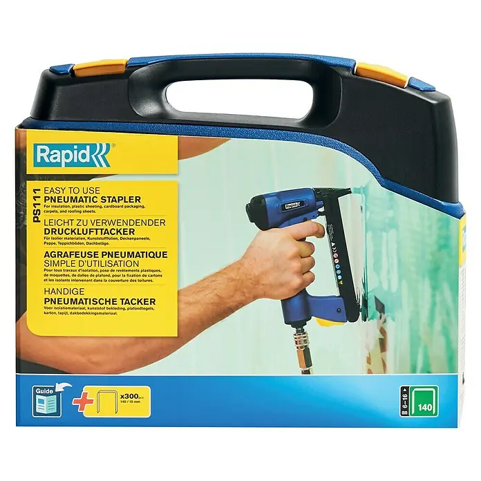Rapid Drucklufttacker AirTac PS 111 - Klammertiefe: 6 mm - 16 mm, Geeignet für: Flachdrahtklammern Nr. 140, Pneumatisch - Bild einer Rapid PS111 Druckluftnagelpistole im Koffer, ideal für Isolierarbeiten, Kunststofffolien und Kartonverpackungen.