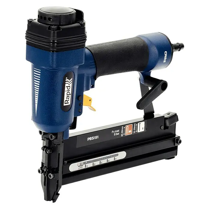 Rapid Kombidrucklufttacker AirTac PBS 151 - Länge Nagel: 15 mm - 50 mm, Geeignet für: Nageltyp 8, Pneumatisch - Ein Rapid PBS151 Profi-Druckluftnagler in Blau und Schwarz für präzise Befestigungen.