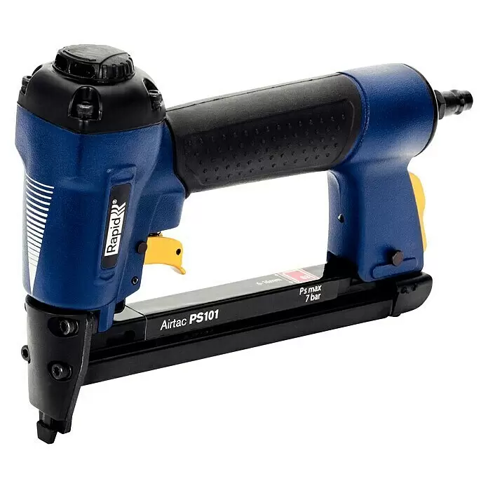 Rapid Grapadora neumática AirTac PS101 - Profundidad de grapado: 6 mm - 16 mm, Apto para: Grapa de alambre fino tipo 53, Neumático - Grapadora neumática azul y negra con gatillo amarillo y marca Rapid, modelo Airtac PS101.