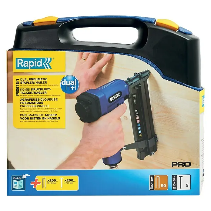 Rapid Kombidrucklufttacker AirTac PBS 151 - Länge Nagel: 15 mm - 50 mm, Geeignet für: Nageltyp 8, Pneumatisch - Die Rapid PBS151 Dual Druckluft-Tacker/Nagler Kombipackung, ideal für Möbelbau, Wandverkleidung und mehr. Inklusive Heftklammern und Nägel für sofortigen Einsatz.