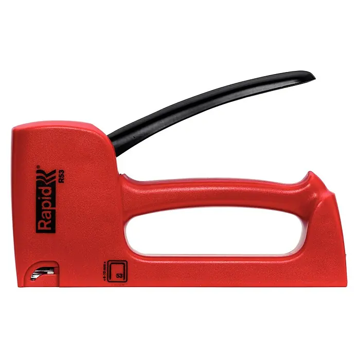 Rapid Handtacker R53E - Klammertiefe: 4 mm - 10 mm, Geeignet für: Klammern Typ 53 - Eine rote Rapid R53 Handtackermaschine, ideal für Heimwerkerprojekte und Polsterarbeiten. Das Werkzeug bietet eine zuverlässige Leistung.