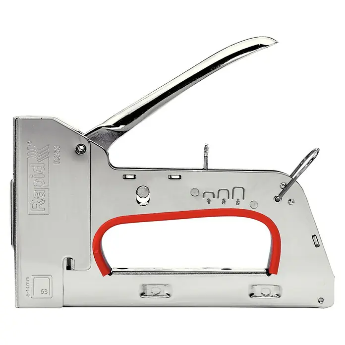 Rapid Handtacker R353E - Klammertiefe: 6 mm - 14 mm, Geeignet für: Klammern Typ 53 - Nahaufnahme eines silbernen Rapid R23E Tacker, ein robustes Werkzeug für Befestigungsarbeiten. Ideal für Heimwerker und Profis.