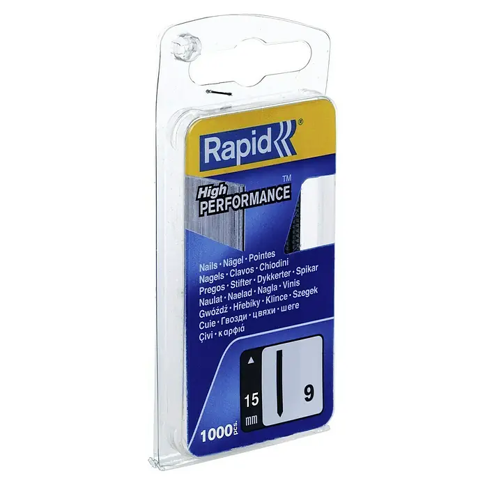 Rapid Nagel Typ 9 - Ohne Kopf, Länge: 15 mm, 1.000 Stk. - Die Rapid Nägel "High Performance" sind in einer Packung mit 1000 Stück erhältlich und haben die Maße 15 mm x 9 mm.