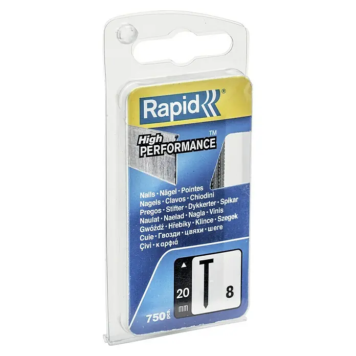 Rapid Nagel Typ 8 - Länge: 20 mm, 750 Stk. - Verpackung Rapid High Performance Nägel, T-Form, 20 mm Länge, 750 Stück, für professionelle Anwendungen.