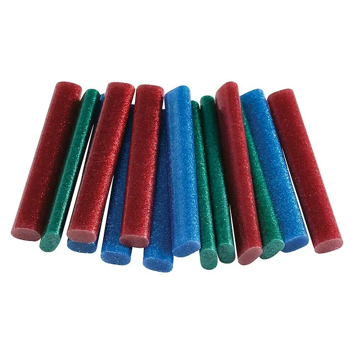 Rapid Klebepatronen - Passend für: Rapid Heißklebepistole EG130, 125 g, Rot/Grün/Blau glitzernd - Nahaufnahme von Glitzer-Heißklebestiften in verschiedenen Farben auf einem schwarzen Hintergrund.