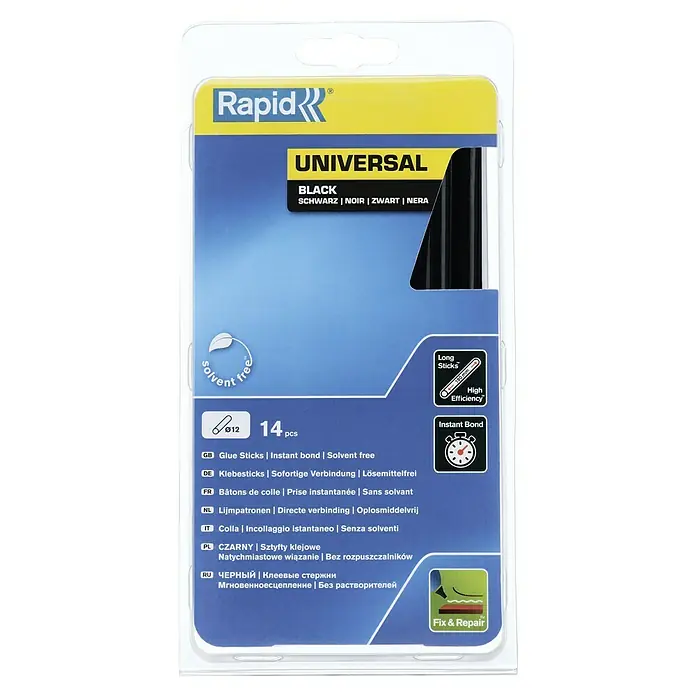 Rapid Klebepatronen - Schwarz, EVA, Durchmesser Klebepatrone: 12 mm - Packung Rapid Universal Klebestifte in Schwarz, lösungsmittelfrei, für schnelles und effizientes Kleben, 14 Stück.