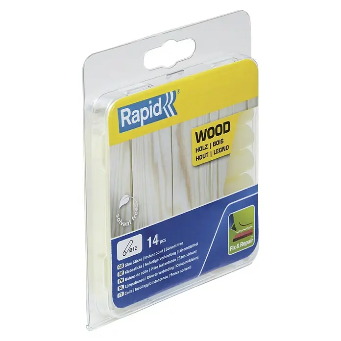 Rapid Barras termoadhesivas - Apto para: Madera, 12 mm, Color de la miel, 125 g - Barras de pegamento Rapid WOOD para madera, 14 unidades, sin disolventes para uniones instantáneas en reparaciones y manualidades.