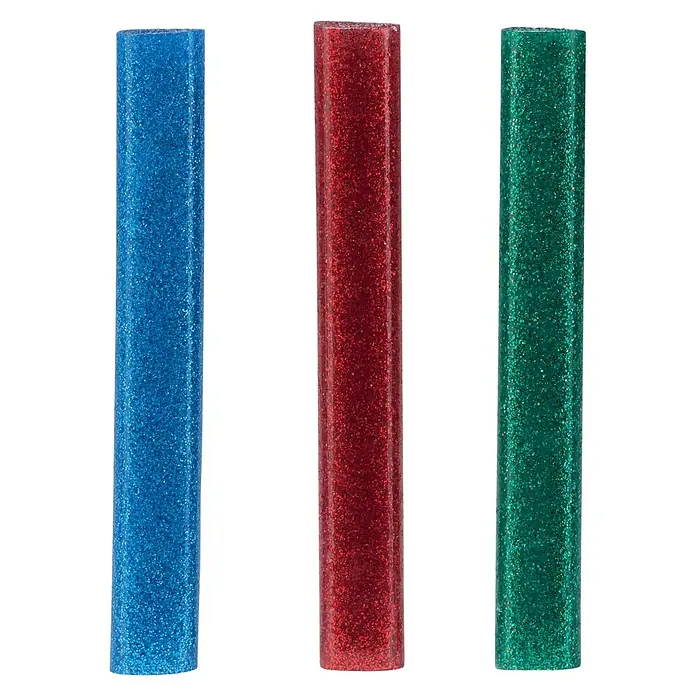 Rapid Barras termoadhesivas - Específico para: Pistola termoadhesiva EG130 Rapid, 125 g, Rojo/Verde/Azul brillante - La imagen muestra tres barras de pegamento con brillo en azul, rojo y verde. Las barras tienen una forma rectangular y una superficie brillante y centelleante.
