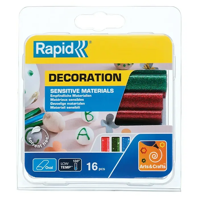 Rapid Klebepatronen - Passend für: Rapid Heißklebepistole EG130, 125 g, Rot/Grün/Blau glitzernd - Eine Packung Rapid Deco-Schmelzklebestifte für Dekorationen auf empfindlichen Materialien. Enthält 16 Stück in verschiedenen Farben.