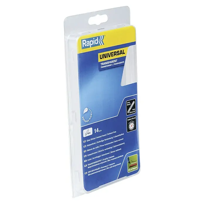Rapid Barras termoadhesivas - Diámetro cartucho de cola: 12 mm, Largo: 190 mm, 12 ud., Transparente - Paquete de barras de pegamento Rapid Universal, transparentes, sin disolventes, para una unión rápida y eficiente.
