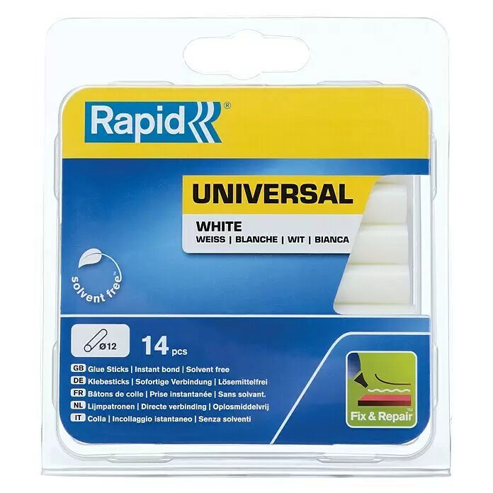 Rapid Barras termoadhesivas - Blanco, Etileno Acetato Vinilo, Diámetro cartucho de cola: 12 mm - Barras de pegamento universal blancas Rapid, 14 ud, Ø12. Sin disolventes para fijación y reparación instantáneas.