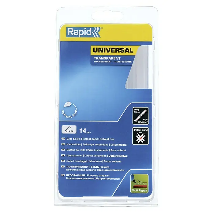 Rapid Klebepatronen - Durchmesser Klebepatrone: 12 mm, Länge: 190 mm, 12 Stk., Transparent - Bild einer Packung Rapid Universal Klebesticks, transparent, mit 14 Stück.