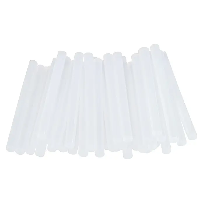 Rapid Klebepatronen - Durchmesser Klebepatrone: 7 mm, Länge: 90 mm, 36 Stk., Transparent - Abbildung einer Sammlung von transparenten Klebestiften für Heißklebepistolen auf schwarzem Hintergrund.