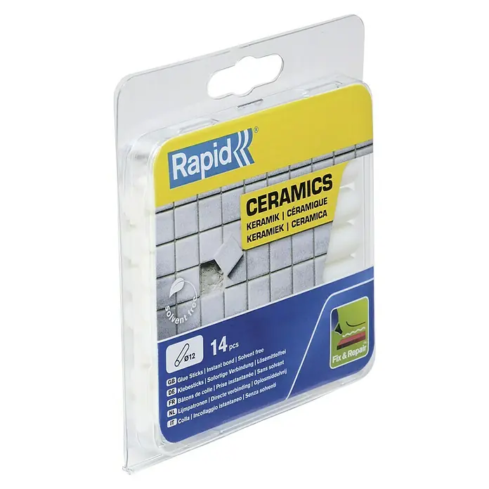 Rapid Barras termoadhesivas - Apto para: Sanitario, 12 mm, Blanco - Paquete de barras adhesivas Rapid Ceramics, 14 unidades, para reparaciones rápidas y sin disolventes de baldosas y objetos cerámicos.