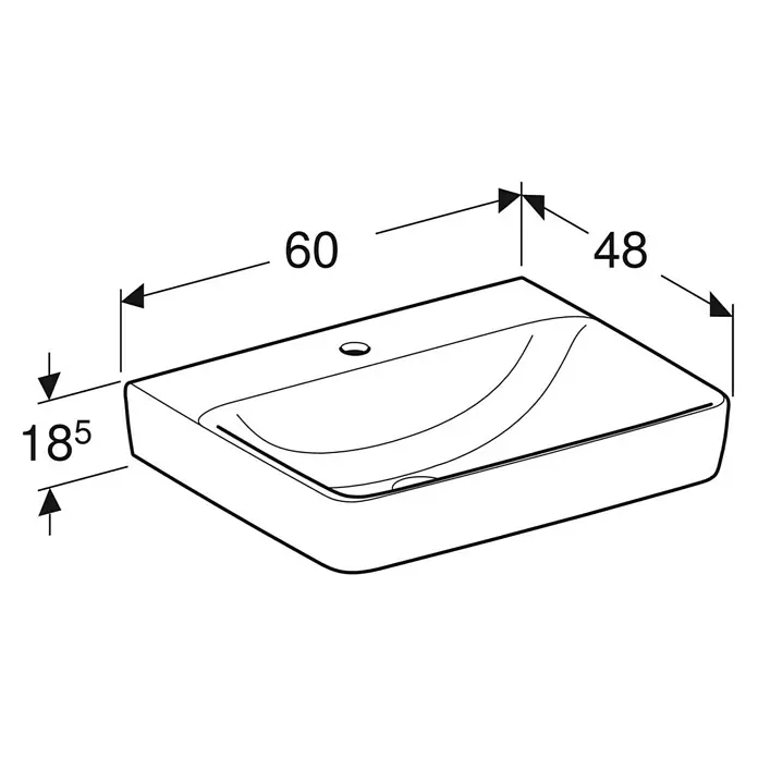 Geberit Renova Plan Waschtisch - 60 x 48 cm, Mit schmutzabweisender Glasur, Hahnloch: Mitte, Ohne Überlauf, Weiß - Darstellung eines rechteckigen Waschbeckens mit Maßangaben, die die Abmessungen von 60 x 48 x 18,5 cm angeben.
