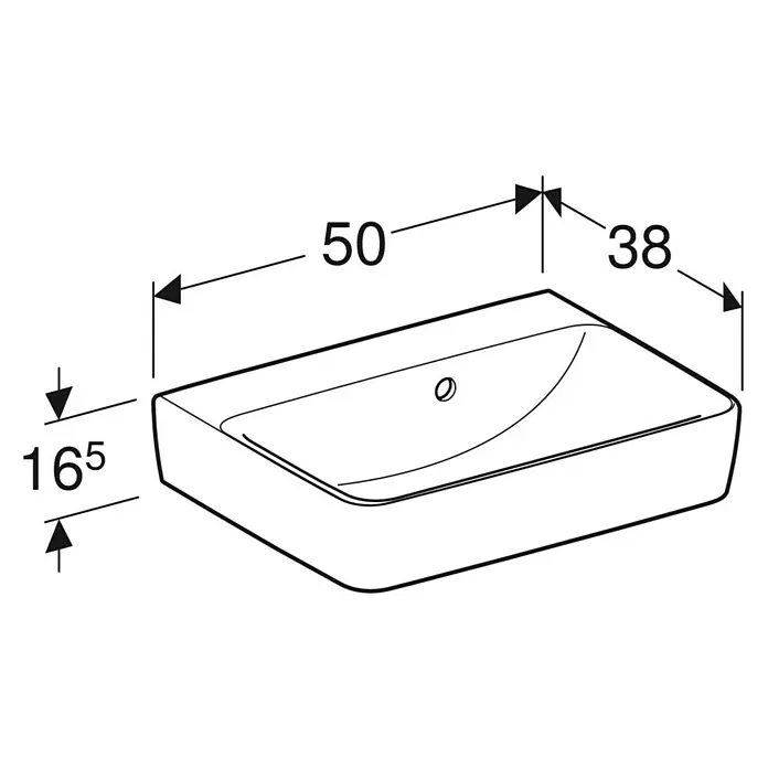 Geberit Renova Plan Waschbecken - 50 x 38 cm, Ohne Spezialglasur, Hahnloch: Ohne, Mit Überlauf, Weiß - Eine Schemazeichnung eines rechteckigen Waschbeckens mit den Maßen 50x38x16,5 cm.