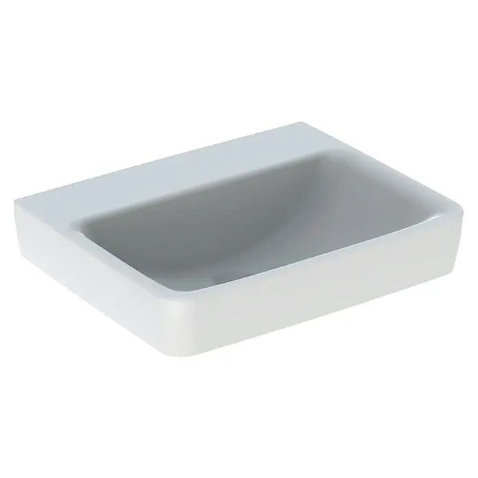 Geberit Renova Plan Waschtisch - 55 x 44 cm, Mit schmutzabweisender Glasur, Hahnloch: Ohne, Ohne Überlauf, Weiß - Ein weißes, rechteckiges Waschbecken mit abgerundeten Kanten und einer glatten Oberfläche. Es ist modern und minimalistisch gestaltet.