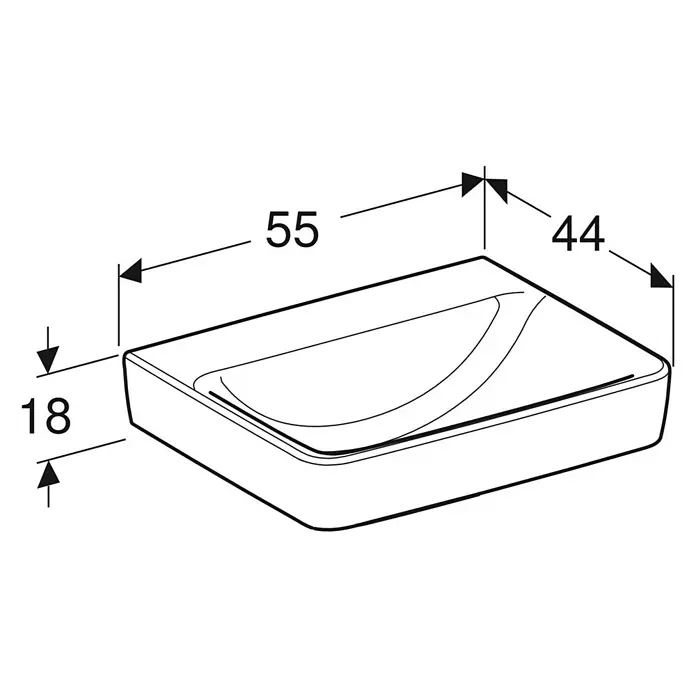 Geberit Renova Plan Waschtisch - 55 x 44 cm, Mit schmutzabweisender Glasur, Hahnloch: Ohne, Ohne Überlauf, Weiß - Technische Zeichnung eines Duravit Waschtisches mit Maßen. Detailgenaue Darstellung für Badplanung und Installation.