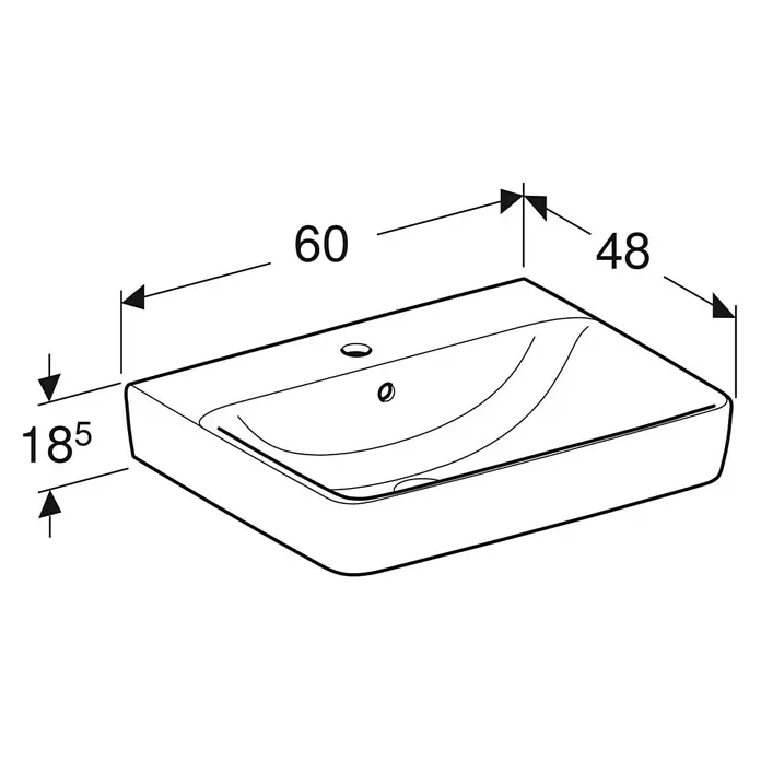 Geberit Renova Plan Aufsatzwaschbecken - 60 x 48 cm, Ohne Spezialglasur, Hahnloch: Mitte, Mit Überlauf, Weiß - Technische Zeichnung eines rechteckigen Waschbeckens mit den Maßen 60 x 48 x 18,5 cm, ideal für moderne Badezimmer.