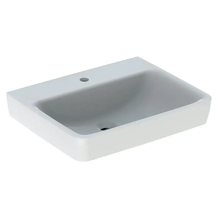 Geberit Renova Plan Waschtisch - 60 x 48 cm, Mit schmutzabweisender Glasur, Hahnloch: Mitte, Ohne Überlauf, Weiß - Nahaufnahme eines modernen, rechteckigen Waschbeckens aus weißer Keramik, ideal für jedes Badezimmer.