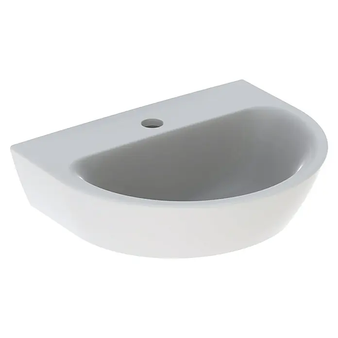 Geberit Renova Waschbecken - 45 x 36 cm, Mit schmutzabweisender Glasur, Hahnloch: Mitte, Ohne Überlauf, Weiß - Moderne halbrunde Waschbecken für Badezimmer oder Gästetoilette, schlichtes Design in Weiß.