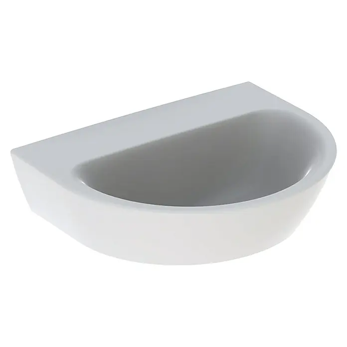 Geberit Renova Waschbecken - 45 x 36 cm, Mit schmutzabweisender Glasur, Hahnloch: Ohne, Ohne Überlauf, Weiß - Bild einer weißen Keramikwaschbecken mit einem modernen, minimalistischen Design, das Eleganz und Funktionalität vereint.