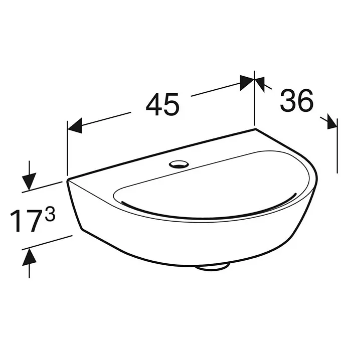 Geberit Renova Waschbecken - 45 x 36 cm, Mit schmutzabweisender Glasur, Hahnloch: Mitte, Ohne Überlauf, Weiß - Bild einer Waschbecken-Zeichnung mit Maßangaben.