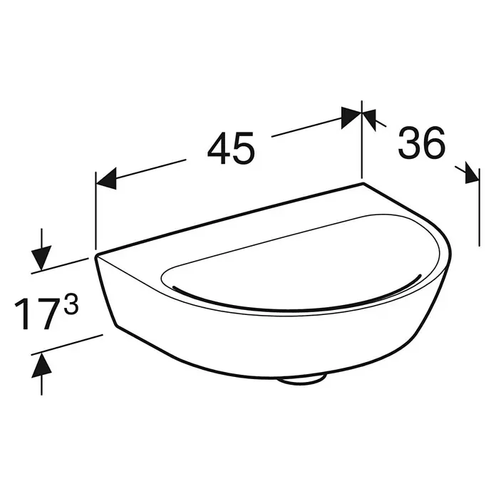 Geberit Renova Waschbecken - 45 x 36 cm, Mit schmutzabweisender Glasur, Hahnloch: Ohne, Ohne Überlauf, Weiß - Technische Zeichnung eines Duravit Wand-Handwaschbeckens, Abmessungen: 45 x 36 x 17,3 cm.