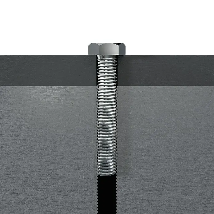 Profi Depot Sechskantschraube A2 - M 5, Länge: 16 mm, 100 Stk., Edelstahl - Detailaufnahme einer Schraube, die durch zwei graue Materialschichten geschraubt ist, wobei der Schraubenkopf oben sichtbar ist.
