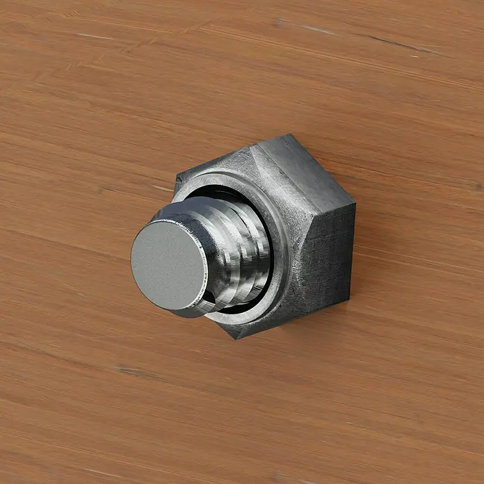 Profi Depot Stoppmutter A2 - M 4, 100 Stk., Edelstahl - Detailaufnahme einer Schraube mit Mutter auf einer Holzoberfläche, die die robuste Bauweise und Materialqualität hervorhebt.