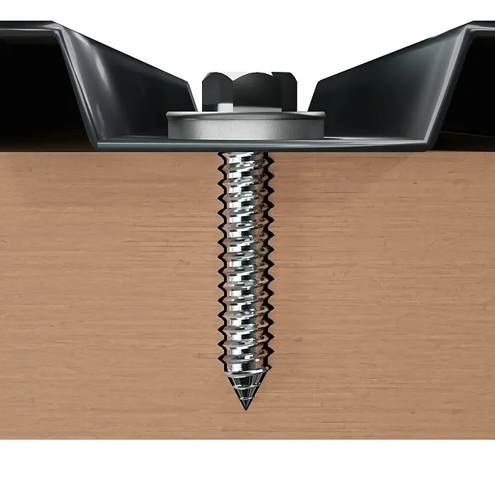 Profi Depot Fassadenbauschraube A2 - Schlüsselweite: 16 mm, Länge: 64 mm, 50 Stk. - Eine Nahaufnahme einer Schraube mit einem Sechskantkopf, die durch ein Metallstück in ein Holzstück getrieben wird.
