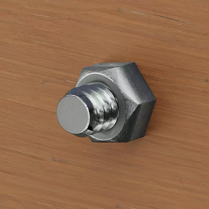 Profi Depot Sechskantmutter A2 - M 8, Schlüsselweite: 13 mm, Edelstahl, 100 Stk. - Ein silberner Metallbolzen mit Rundkopf und Sechskantmutter ist fest in eine braune Holzoberfläche verschraubt.