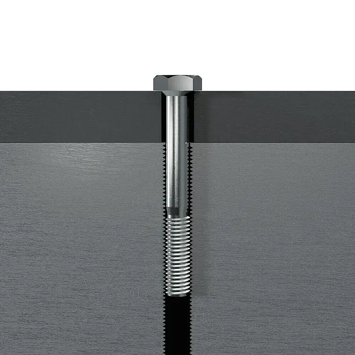Profi Depot Sechskant-Gewindeschraube - Ø x L: 10 x 120 mm, 40 Stk., Verzinkt, Sechskantkopf, Teilgewinde - Nahaufnahme einer Schraube, die durch zwei übereinander liegende Metallplatten befestigt ist und eine sichere Verbindung gewährleistet.