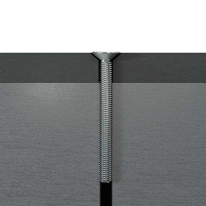 Profi Depot Gewindeschraube VZ - Länge: 16 mm, M 3, Verzinkt, 100 Stk. - Nahaufnahme einer versenkten Schraube, die in eine Holzoberfläche eingeschraubt ist und ein bündiges und sicheres Finish bietet.