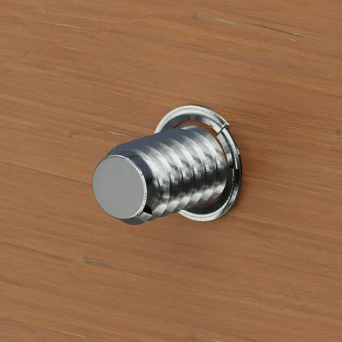 Profi Depot Federring - 10,2 mm, 100 Stk., DIN 127, Verzinkt - Nahaufnahme eines silbernen, geschraubten Rings, der auf einer Holzoberfläche befestigt ist. Ideal für Möbel oder Heimwerkerprojekte.
