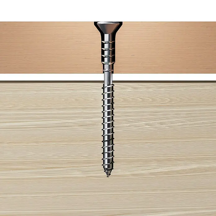 Profi Depot Justierschraube VZ - Durchmesser: 6 mm, Länge: 60 mm, TX für TORX-Antriebe, 100 Stk. - Schraube: Eine silberne Schraube, die in ein helles Holzbrett eingeschraubt ist, wobei der Schraubenkopf bündig mit der Oberfläche abschließt.
