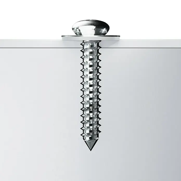 Profi Depot Fensterbankschraube A2 - Durchmesser: 3,9 mm, Länge: 20 mm, 100 Stk. - Nahaufnahme einer Schraube mit Torx-Antrieb und Unterlegscheibe, die in eine weiße Oberfläche eingeschraubt ist.