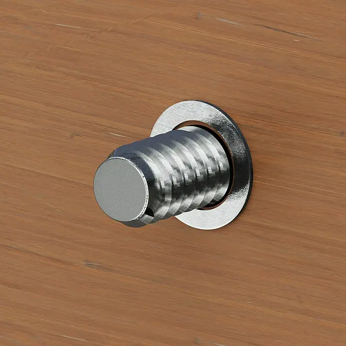 Profi Depot Unterlegscheibe A2Außendurchmesser: 7 mm, 100 Stk., Edelstahl - Nahaufnahme einer Gewindebuchse mit Flansch auf einer Holzoberfläche, ideal für Möbelmontage und Holzbearbeitungsprojekte.