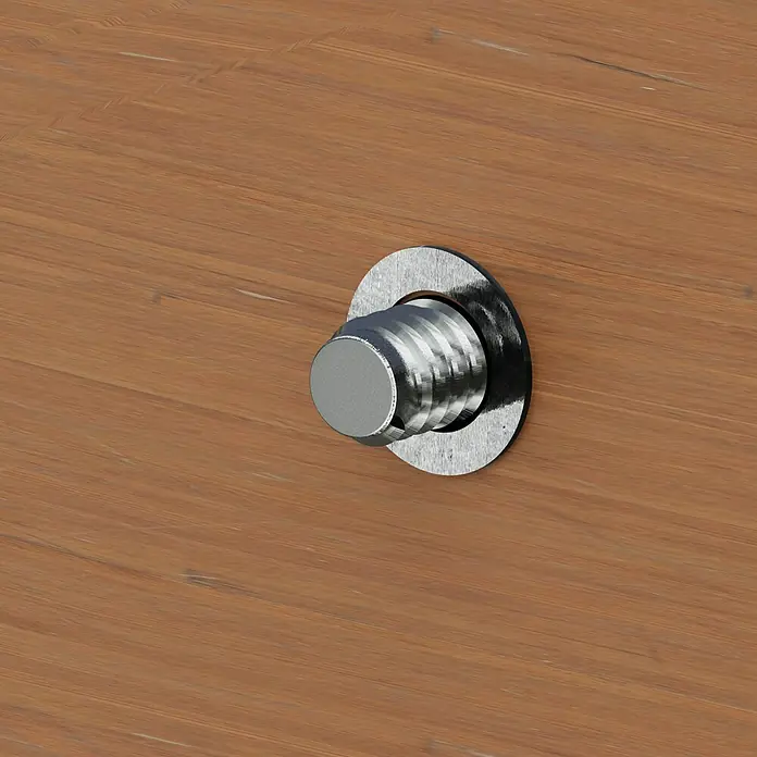 Profi Depot Karosseriescheibe VZ - Innendurchmesser: 8,4 mm, Außendurchmesser: 25 mm, 100 Stk., Verzinkt - Nahaufnahme einer Bolzenbefestigung mit Unterlegscheibe auf einer Holzoberfläche, ideal für Heimwerker- und Konstruktionsprojekte.