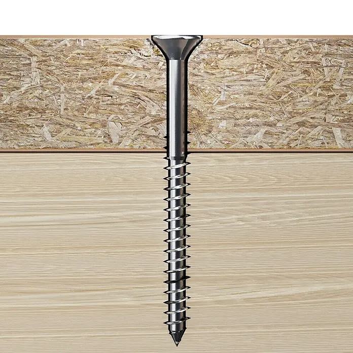 Profi Depot Spanplattenschraube VZ - Ø x L: 4 x 45 mm, 500 Stk., Verzinkt - Detailaufnahme einer Schraube, die durch zwei Holzplatten befestigt wurde. Perfekt für Heimwerker- und Bauprojekte.