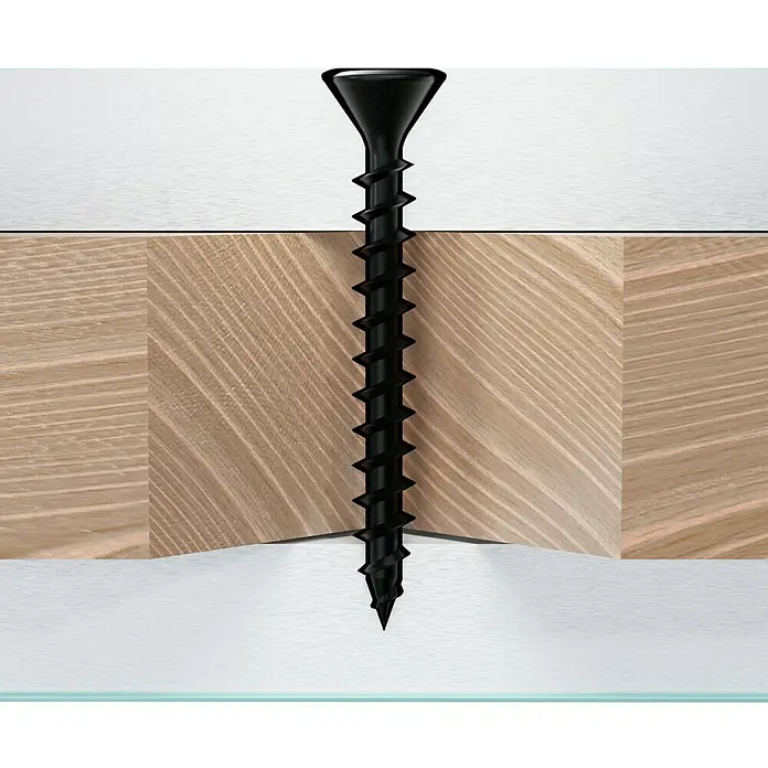 Profi Depot Schnellbauschraube - Durchmesser: 3,9 mm, Länge: 25 mm, Senkkopf, Grobgewinde, 1.000 Stk. - Nahaufnahme einer schwarzen Holzschraube, die durch zwei Holzstücke geschraubt wird und die Verbindung der Materialien verdeutlicht.