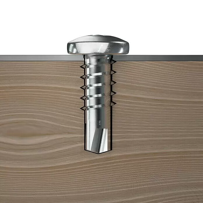 Profi Depot Blechbohrschraube - Ø x L: 4,2 x 16 mm, Verzinkt, 250 Stk. - Metallschraube teilweise in Holz versenkt, Gewinde im Querschnitt sichtbar.