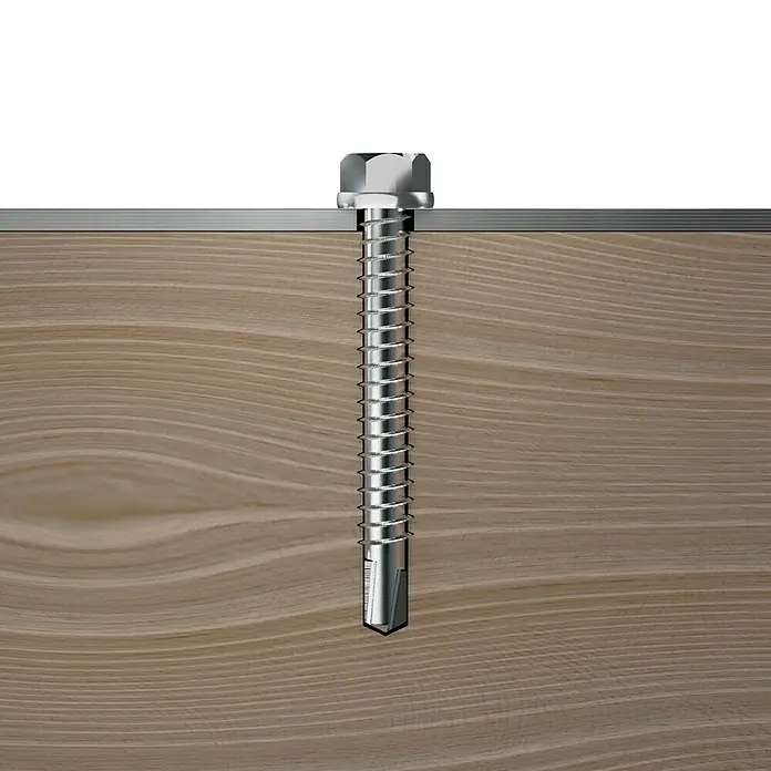 Profi Depot Sechskant-Blechbohrschraube VZ - Ø x L: 4,8 x 25 mm, Verzinkt, 100 Stk. - Eine detaillierte Nahaufnahme einer Schraube, die in Holz befestigt ist. Das Metall der Schraube glänzt im Licht.