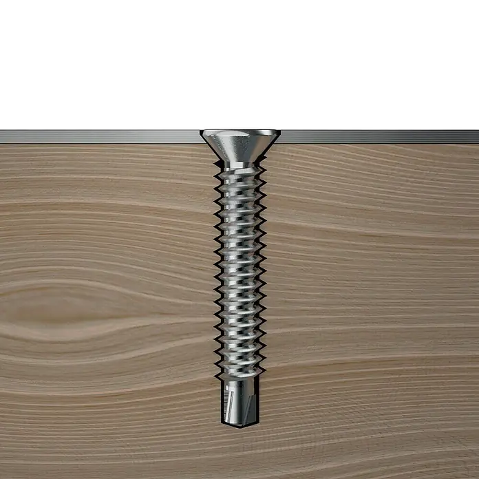 Profi Depot Tornillo perforador - Ø x L: 2,9 x 16 mm, Acero, 100 ud. - Una imagen en primer plano de un tornillo insertado en un trozo de madera. El tornillo es de metal con cabeza plana.