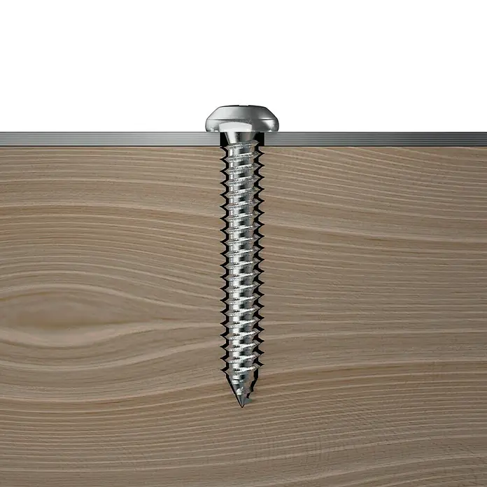 Profi Depot Blechschraube - Ø x L: 2,9 x 13 mm, Verzinkt, 200 Stk. - Detailaufnahme einer Schraube, die in ein Holzstück eingedreht ist. Die Schraube ist ein Befestigungselement und ein Hilfsmittel.