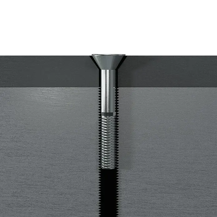 Profi Depot Tornillo de cabeza hueca hexagonal - M 10, Largo: 60 mm, 25 ud., Zincado - Vista detallada de un tornillo insertado en un material gris. Las roscas del tornillo son claramente visibles.